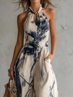 Mono de corte ancho con cuello halter, estampado difuminado y bolsillos