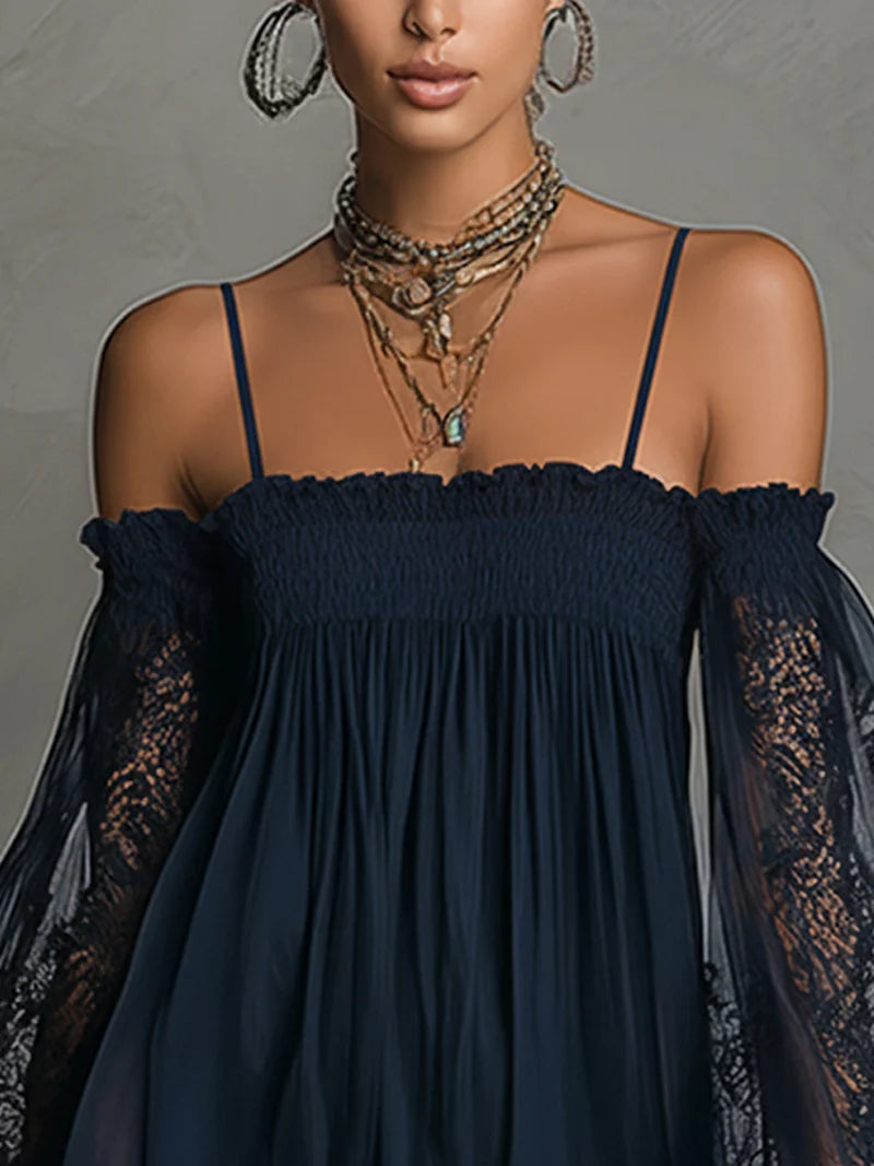 Vestido Mini Azul Marino de Encaje con Hombros Fríos
