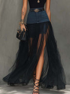 Conjunto Falda Maxi de Denim y Malla con Abertura