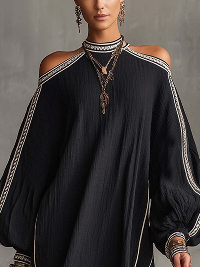 Vestido Mini Negro Boho con Manga Farol