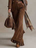 Retro Brown Suede Flared Trousers with Fringe