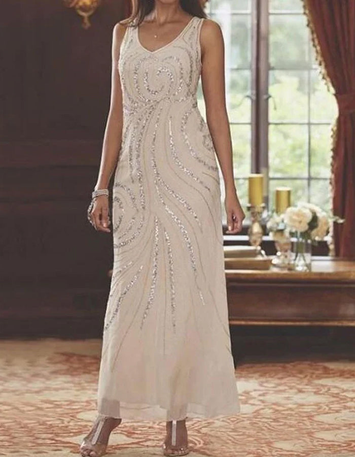 Sophisticated Lace Gown with Illusion Sleeves and Sequin Embellishments
