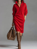 Vestido Holgado de Punto con Cuello Mao y Manga Larga