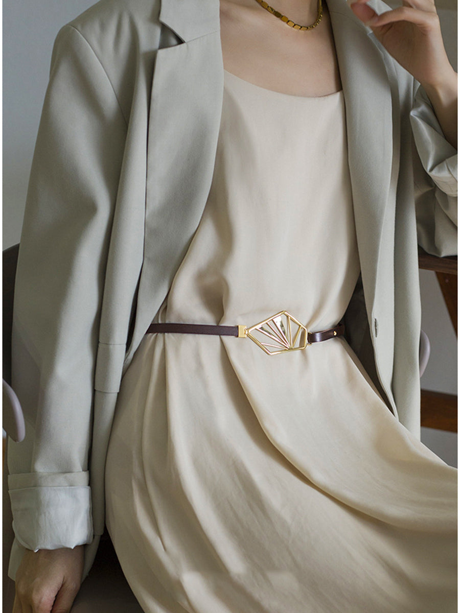 Minimalist Brown Leather Belt with Geometric Buckle
