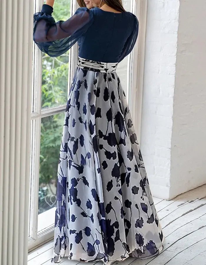Vestido largo de gasa con falda estampada floral y mangas obispo transparentes - LOVRA DESIGN