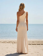Apricot Fitted One Shoulder Long Pleated Slit Bridesmaid Dress