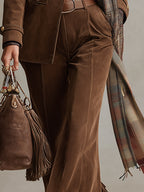 Retro Brown Suede Flared Trousers with Fringe