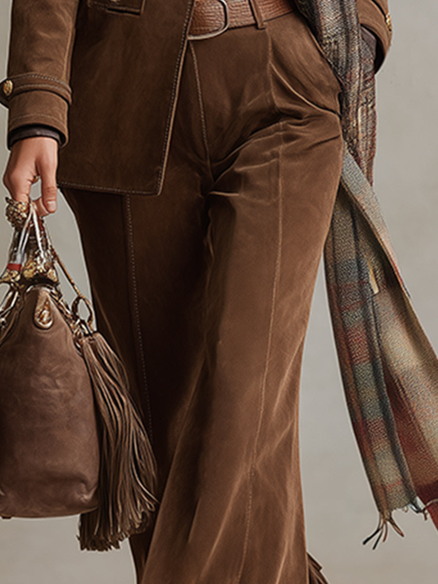 Retro Brown Suede Flared Trousers with Fringe