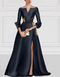 Elegant Satin Gown with Embroidered Waist and Split Skirt