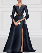 Elegant Satin Gown with Embroidered Waist and Split Skirt