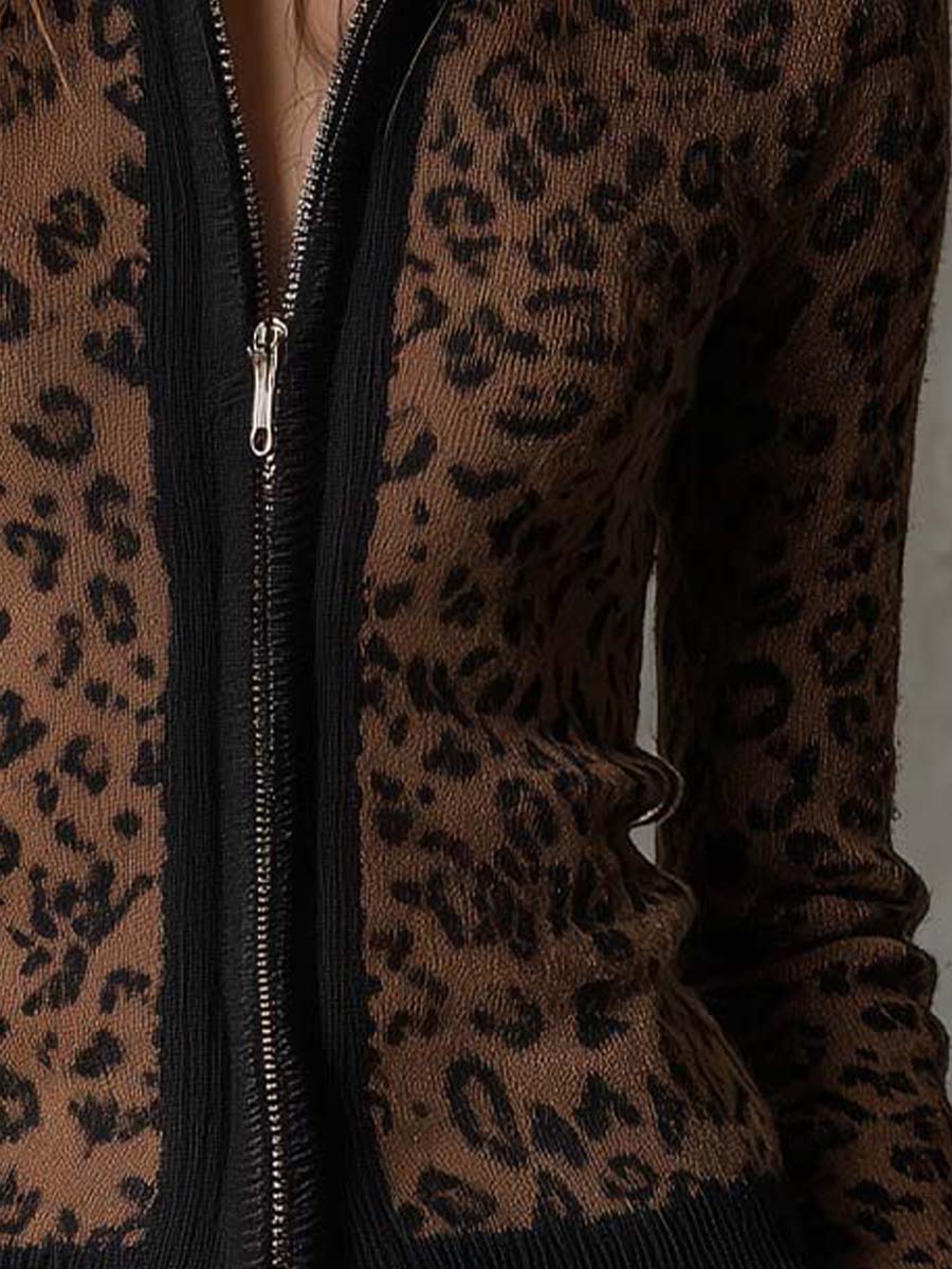 Vintage Leopard Print Slim Fit Zip-Up Cardigan