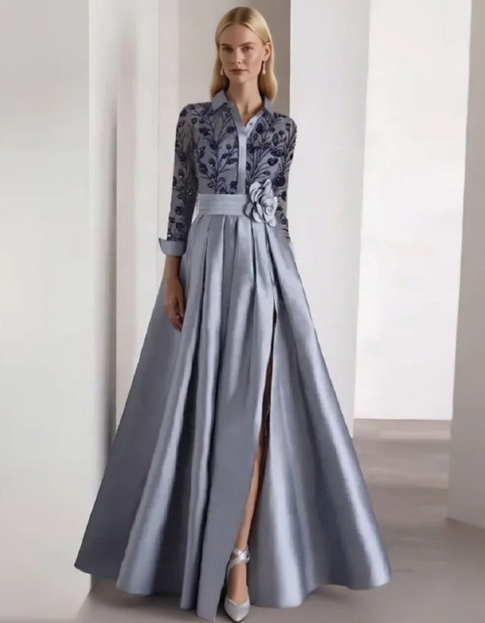 Elegant Satin Gown with Embroidered Bodice and Floral Waist Detail