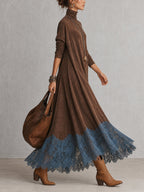 A-Linien-Kleid mit Stehkragen, Spitzeneinsätzen und langen Ärmeln