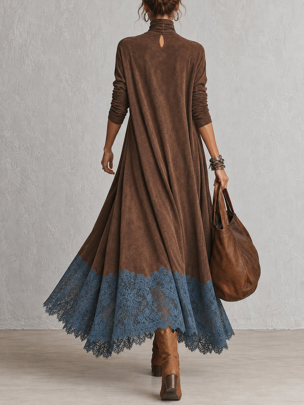 A-Linien-Kleid mit Stehkragen, Spitzeneinsätzen und langen Ärmeln