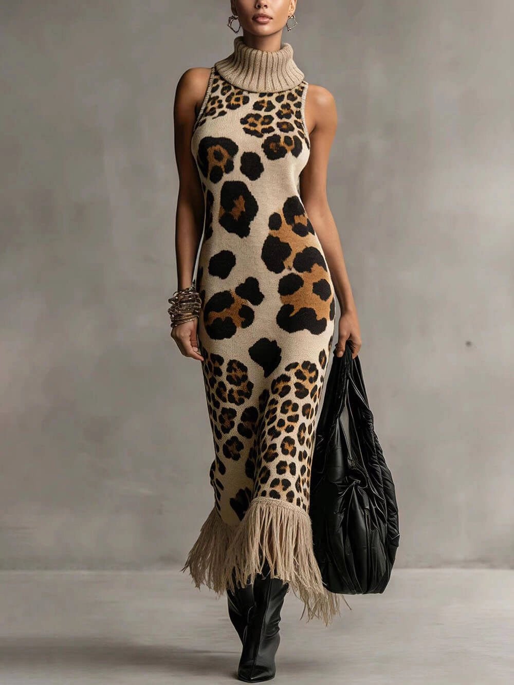 Vestido largo de punto marrón con estampado de leopardo - LOVRA DESIGN
