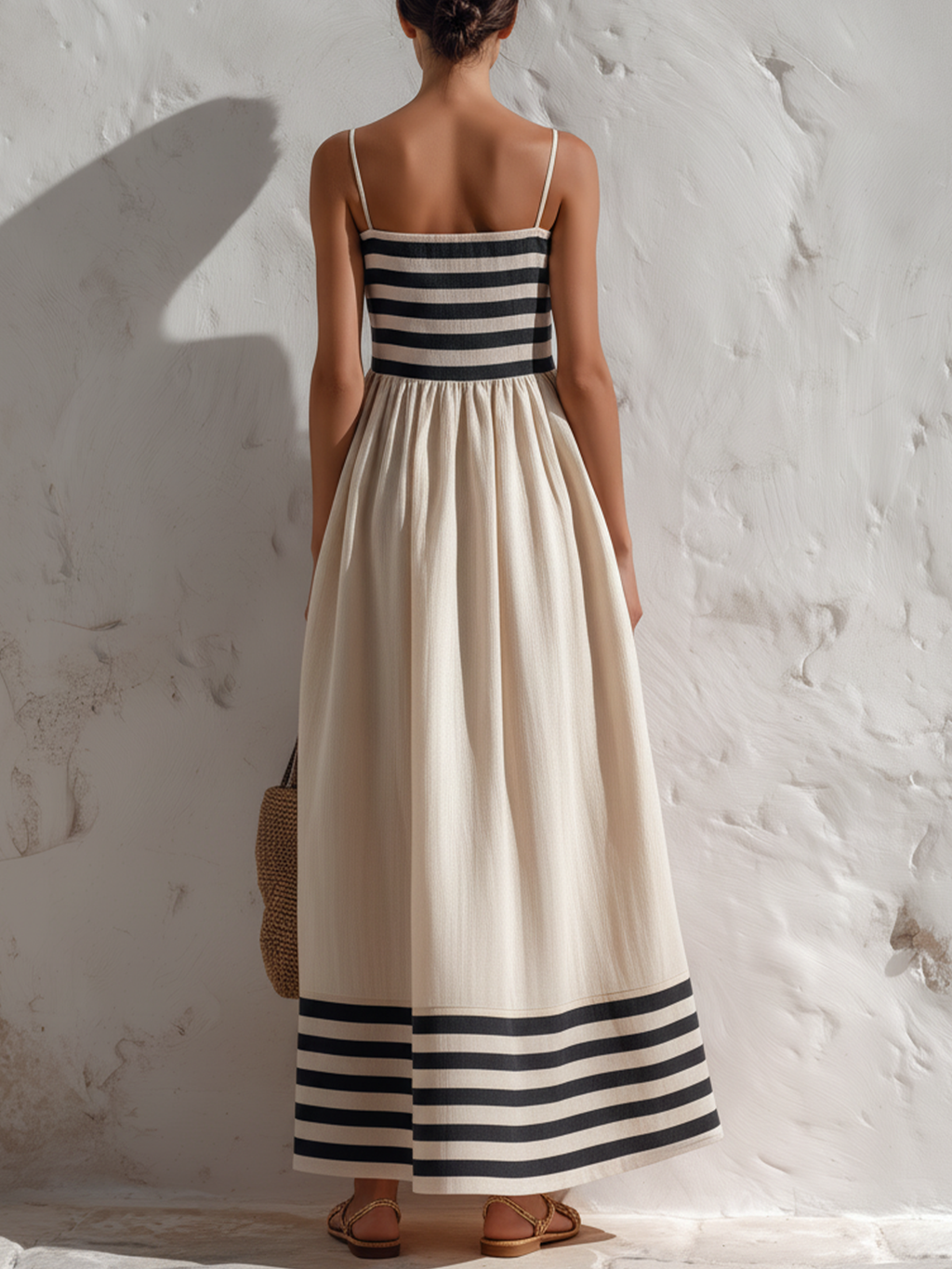 Long black and beige striped dress with thin straps