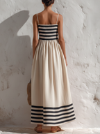 Long black and beige striped dress with thin straps