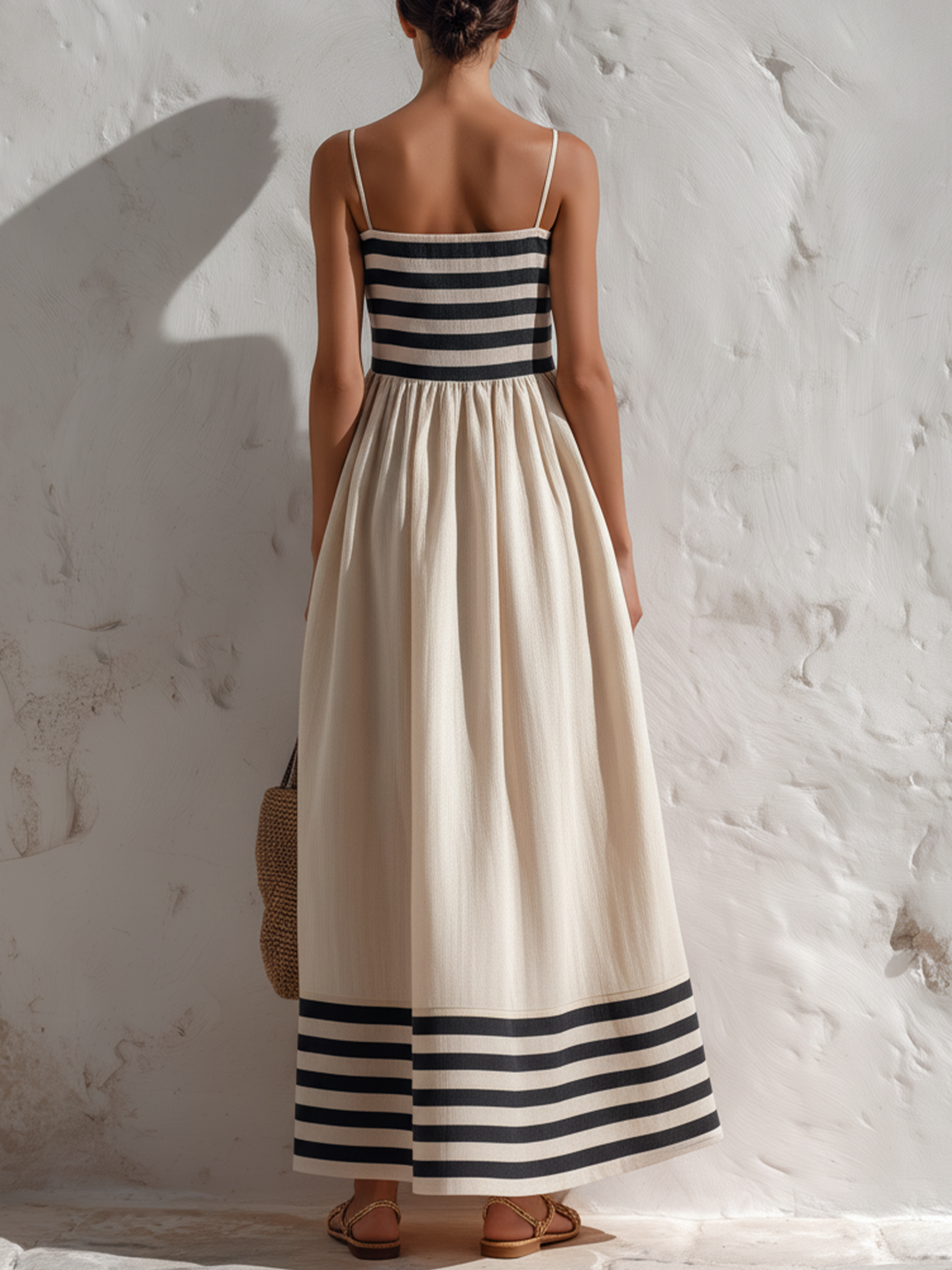 Long black and beige striped dress with thin straps