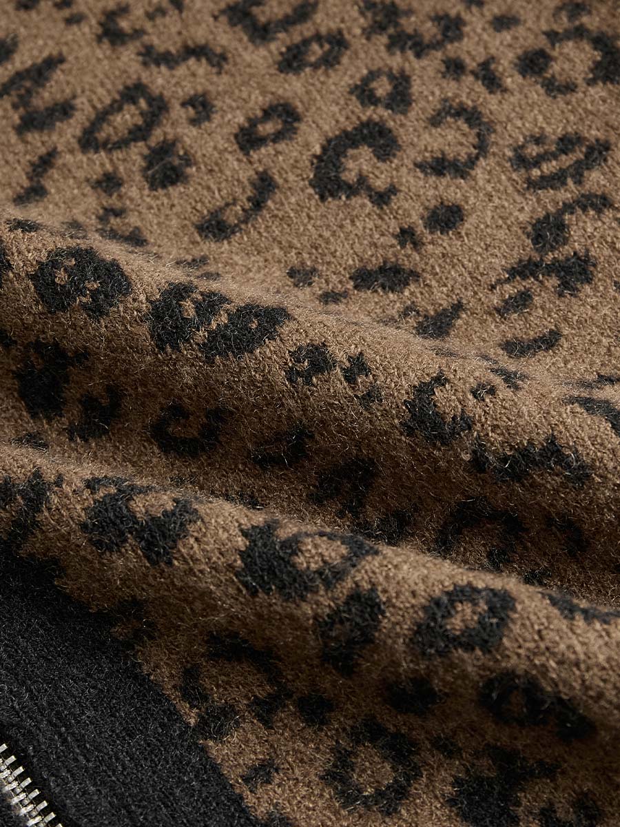 Vintage Leopard Print Slim Fit Zip-Up Cardigan