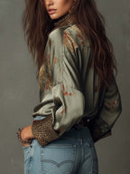 Camisa de Satén con Flores y Ribete de Leopardo