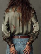 Camisa de Satén con Flores y Ribete de Leopardo
