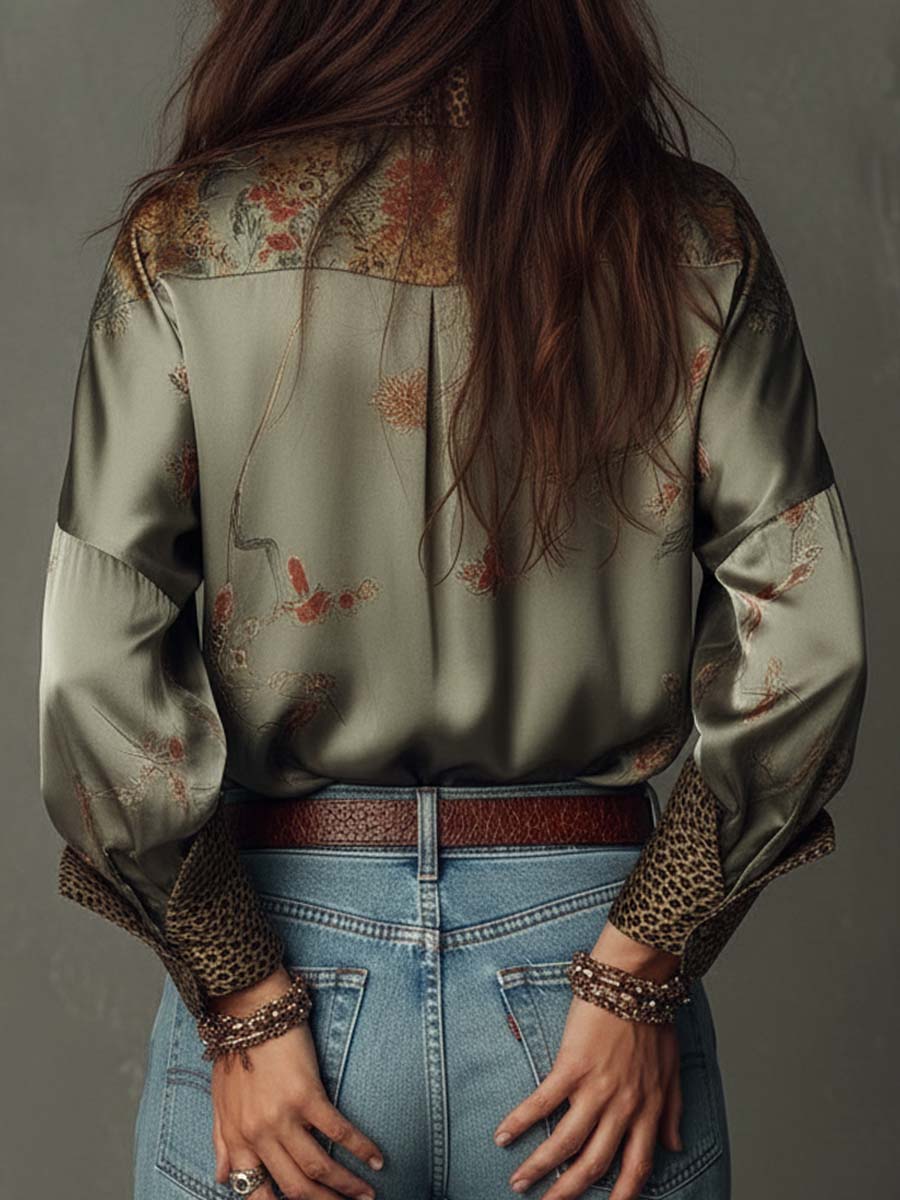 Camisa de Satén con Flores y Ribete de Leopardo