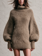 Vestido jersey corto de mohair topo con cuello vuelto y mangas globo