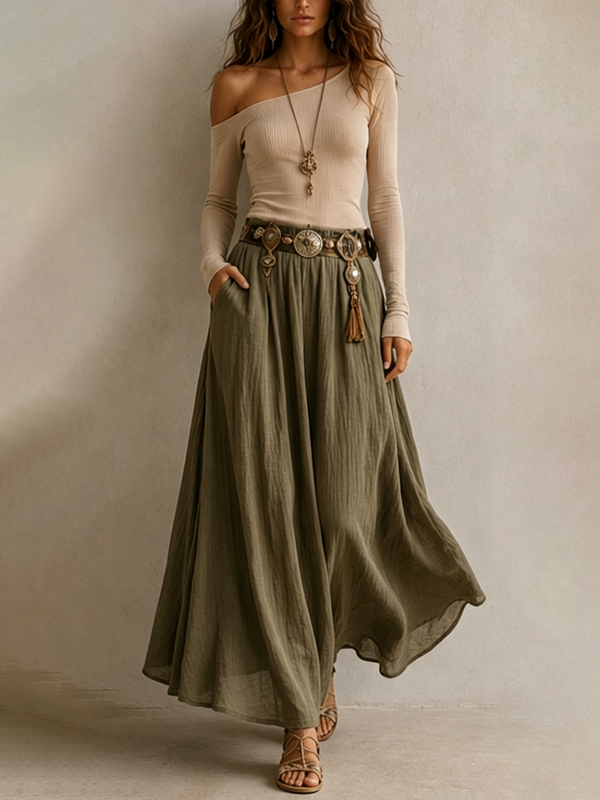 Off-the-Shoulder Linen Top and Maxi Skirt Set