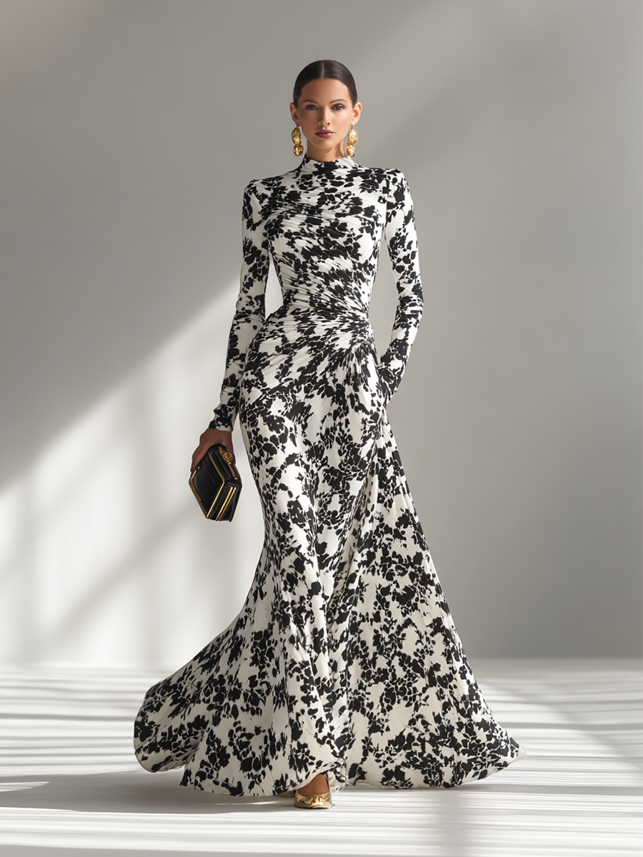 Vestido cruzado elástico estampado en blanco y negro
