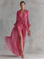 Vestido Maxi de Chifón Perla con Escote en V Elegante