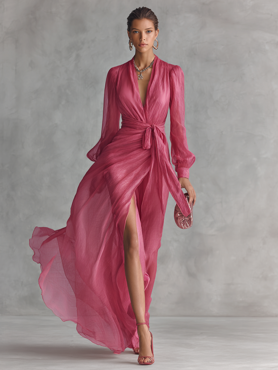 Vestido Maxi de Chifón Perla con Escote en V Elegante
