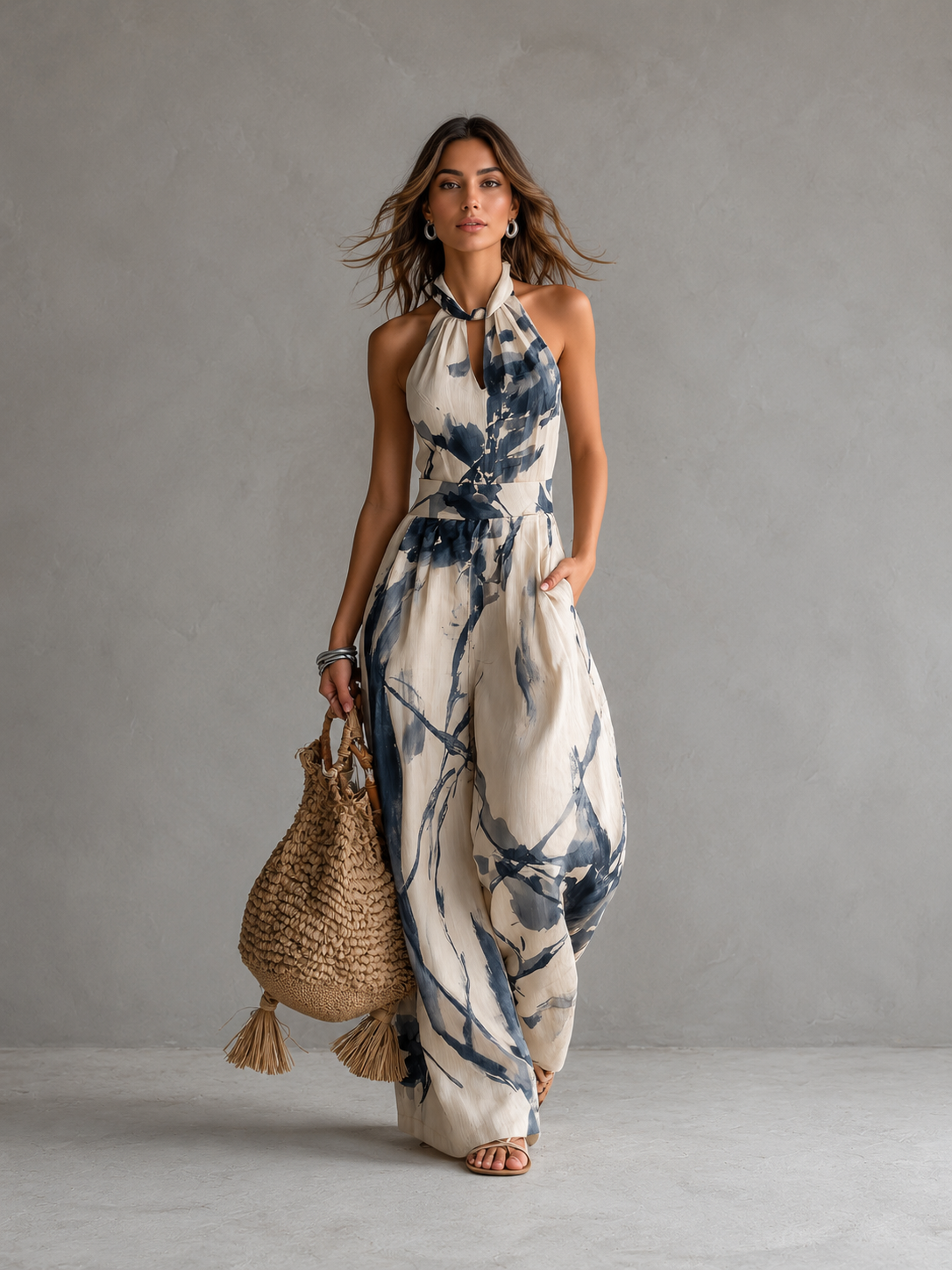 Mono de corte ancho con cuello halter, estampado difuminado y bolsillos