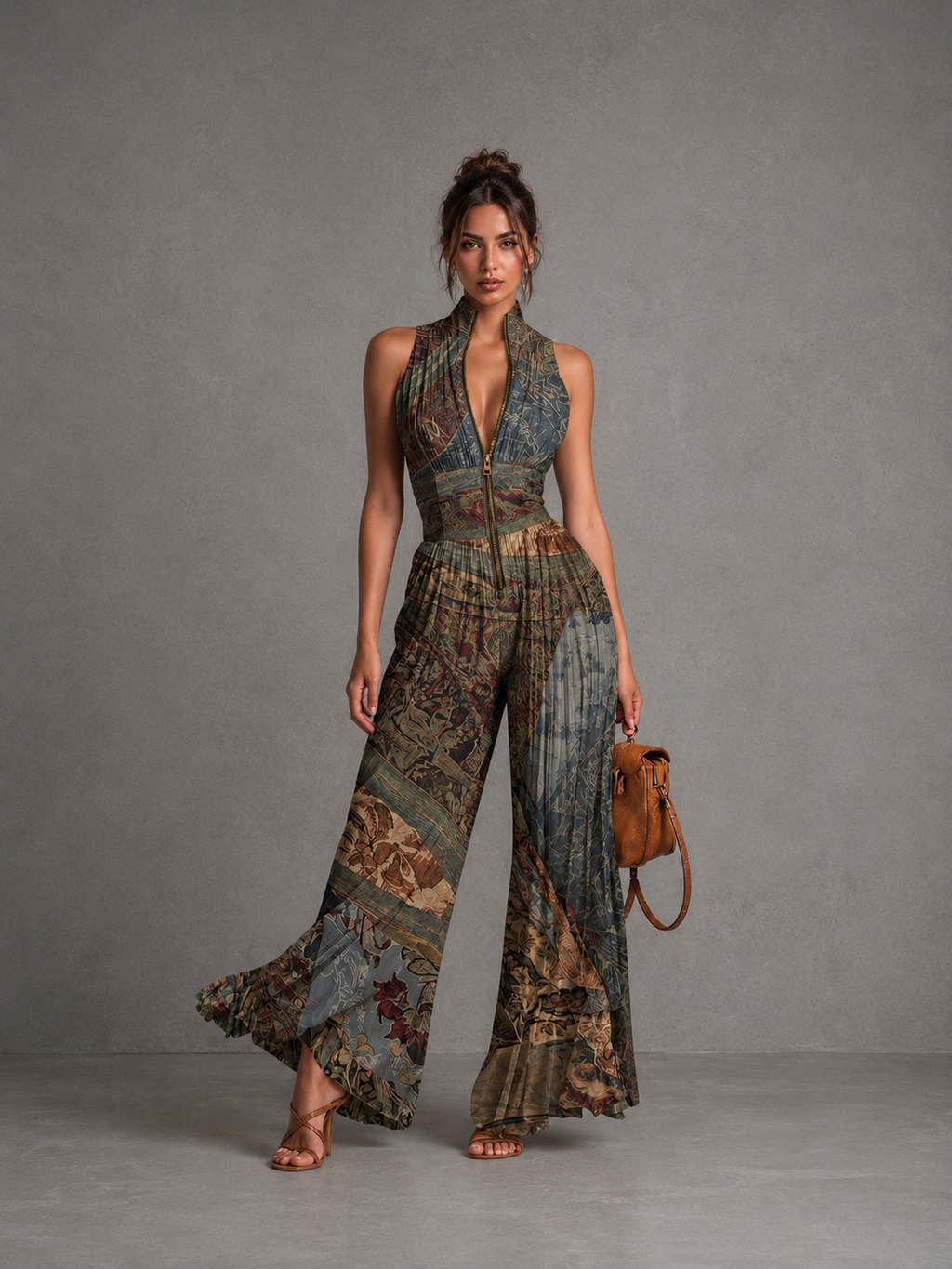 Mono de gasa de corte ancho con pliegues, sin mangas, cremallera y estampado étnico bohemio