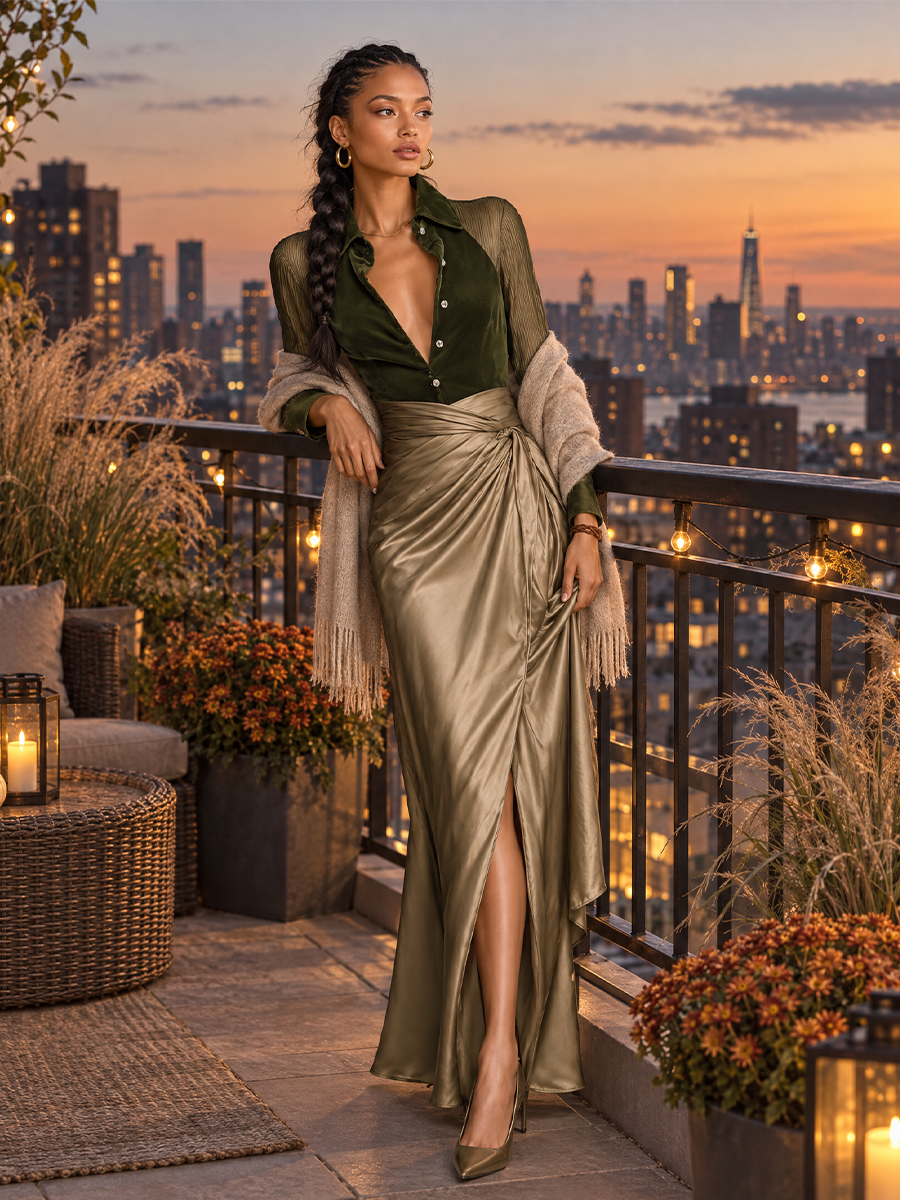 Vestido largo de noche con cuerpo de terciopelo y falda cruzada satinada