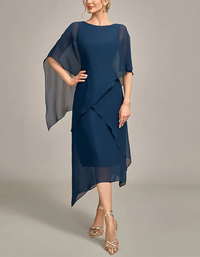 Dark Blue Round Neck Chiffon Midi Dress