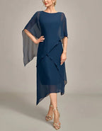 Dark Blue Round Neck Chiffon Midi Dress