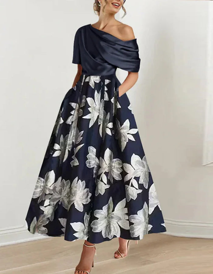Retro Off-shoulder Solid Color Print Stitching Midi Dress