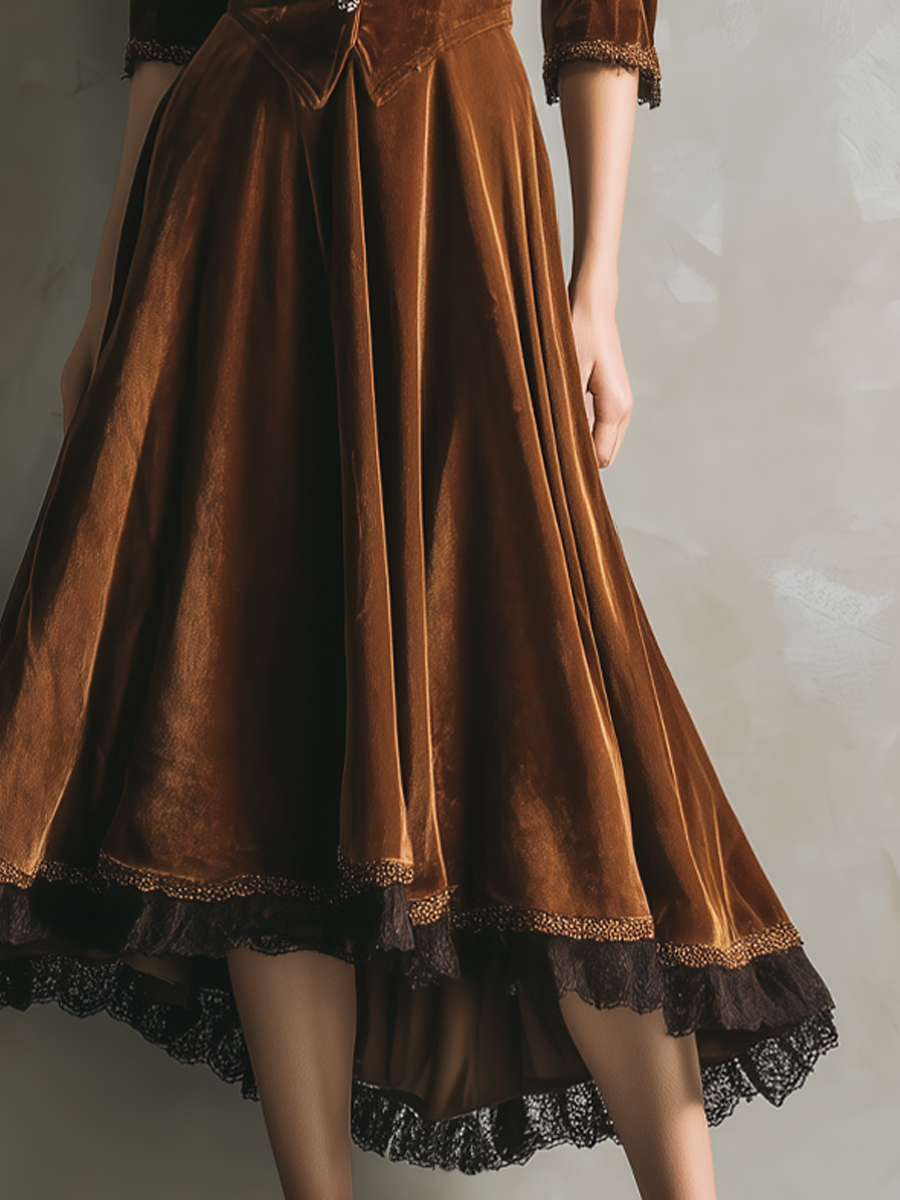 Vintage Velvet Midi Dress with ¾ Sleeve and Lace Trim