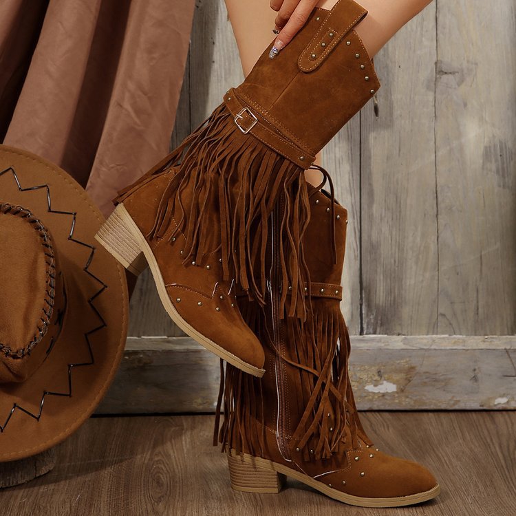 Botas Retro con Flecos Remaches y Cinturón Estilo Caballero