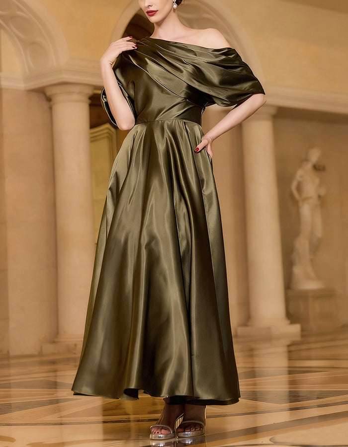 Solid Color Satin One Shoulder Maxi Dress