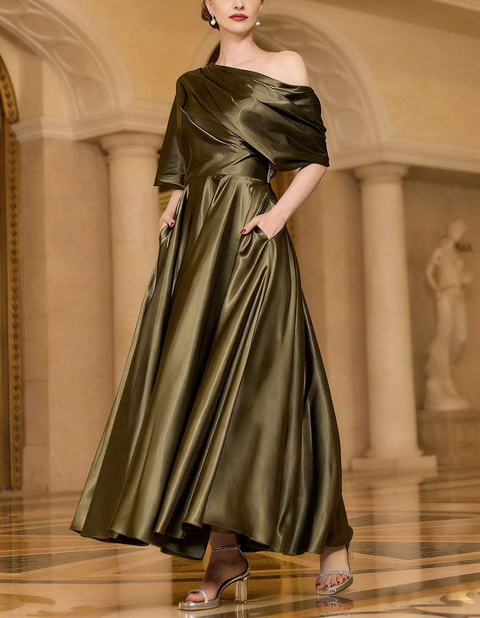 Solid Color Satin One Shoulder Maxi Dress