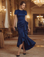 Solid Color Satin Ruffled Fishtail Midi Dress