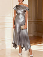 Silver Foil Luster One-Shoulder Pleats Maxi Dress