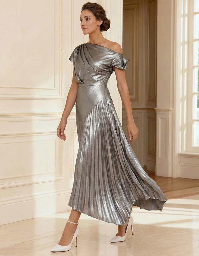Silver Foil Luster One-Shoulder Pleats Maxi Dress
