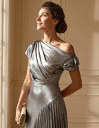 Silver Foil Luster One-Shoulder Pleats Maxi Dress