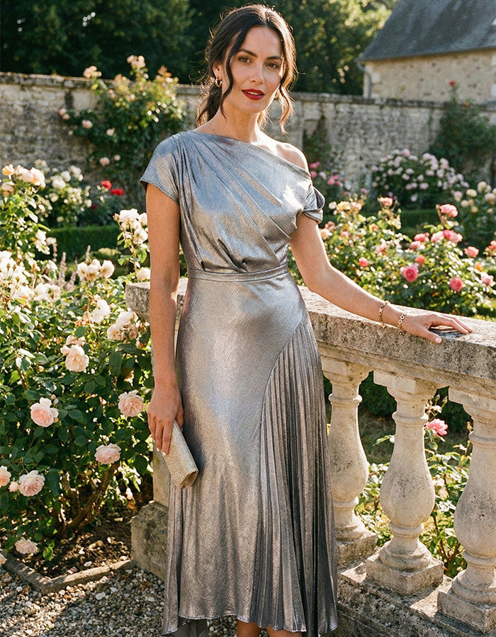 Silver Foil Luster One-Shoulder Pleats Maxi Dress