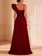 Burgundy Satin One-Shoulder Large Bow Maxi Dress