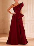 Burgundy Satin One-Shoulder Large Bow Maxi Dress