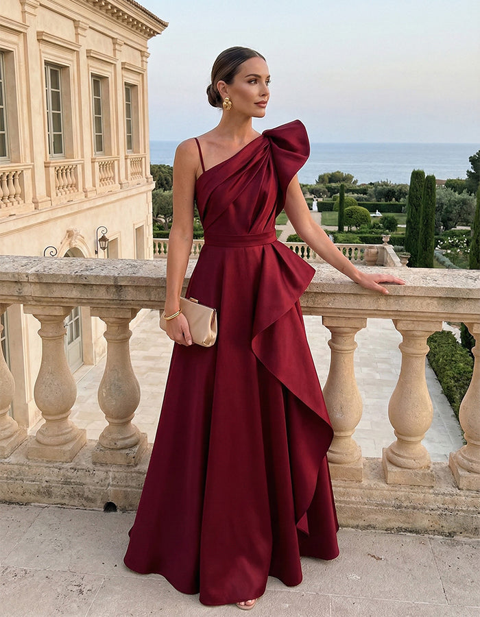 Burgundy Satin One-Shoulder Large Bow Maxi Dress