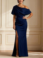 Navy Blue Satin Off-Shoulder Slit Maxi Dress